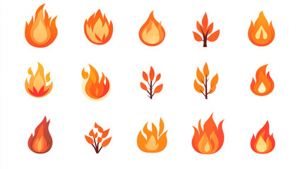 Set of red fire flat icons and pictograms, isolated on a white background, ideal for danger concepts or logo design.