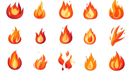 Set of red fire flat icons and pictograms, isolated on a white background, ideal for danger concepts or logo design.