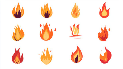 Set of red fire flat icons and pictograms, isolated on a white background, ideal for danger concepts or logo design.