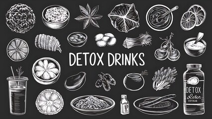 Vector collection of hand drawn vegetarian food and drinks ingredients. Detox diet products sketch set. Vintage healthy eating illustration on chalkboard