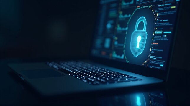 A laptop screen showing a digital lock icon representing cybersecurity
