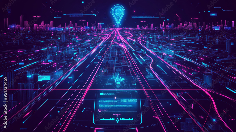 Poster route dashboard featuring a city map navigation interface. car gps navigator screen displaying city 