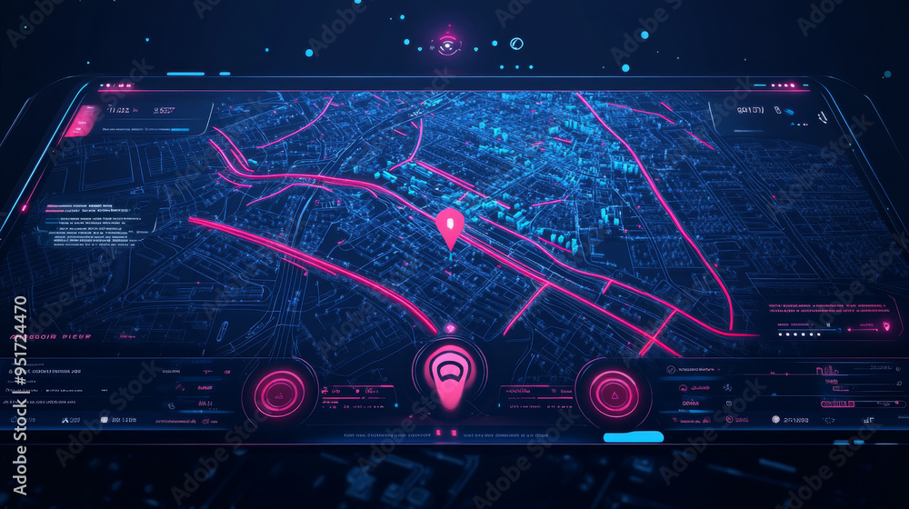 Poster route dashboard featuring a city map navigation interface. car gps navigator screen displaying city 