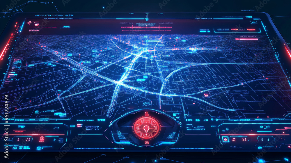 Aufkleber route dashboard featuring a city map navigation interface. car gps navigator screen displaying city 