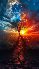 Vibrant sunset over cracked earth with a lone tree. A breathtaking sunset displays vivid oranges and blues behind a lone tree standing on cracked earth