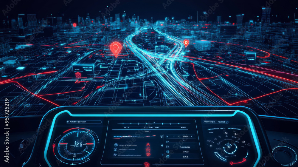Poster route dashboard featuring a city map navigation interface. car gps navigator screen displaying city 