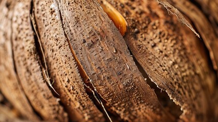 Close-up texture of brown, dry palm tree bark.