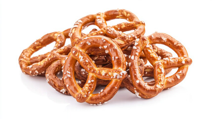 Salty pretzels, isolated against a white background.