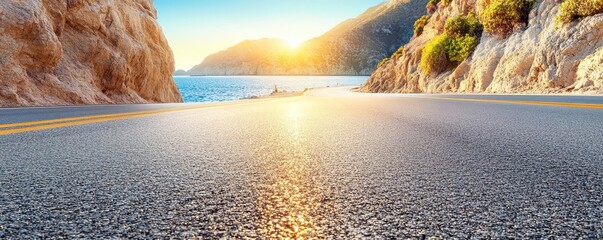 Oceanfront road at sunrise, the golden light reflecting off the water and road, creating a serene and peaceful morning drive
