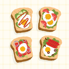 Breakfast Food Sandwich Egg Bread Illustration Collection. Isolated Flat Vector Style