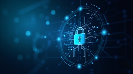 A digital lock illustration on a circuit-like background representing cybersecurity