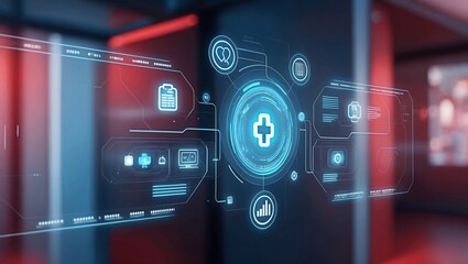 hospital screen shows a global health network, with icons and digital data. future concept of medical care.