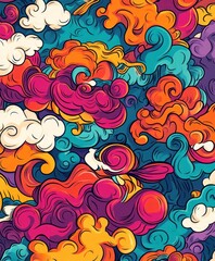 A vibrant, swirling pattern of colorful clouds in various shapes and hues.