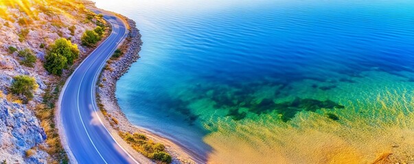 Obraz premium Oceanfront road at sunrise, the golden light reflecting off the water and road, creating a serene and peaceful morning drive
