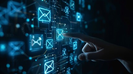 Fototapeta premium Hand touching a virtual screen with email icons and blue envelopes on a dark background, suggesting an online mail contact or marketing concept. 