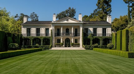 beautiful and classic symmetrical house front view of an ornate white theme with green grass garden
