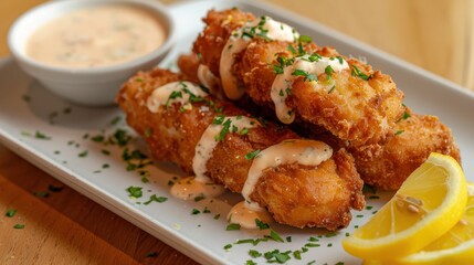 Crispy fish fingers coated in breadcrumbs, accompanied by remoulade.