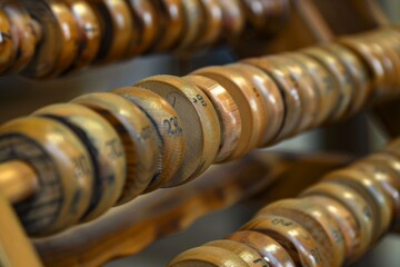 Close up view of a vintage accounting abacus showing the number twenty two made of wood with numbers engraved