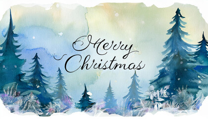 Fototapeta premium Watercolor Christmas card depicting a snowy winter scene with a calm and festive atmosphere. 