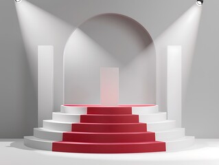 Obraz premium Podium with microphone and red carpet under spotlights