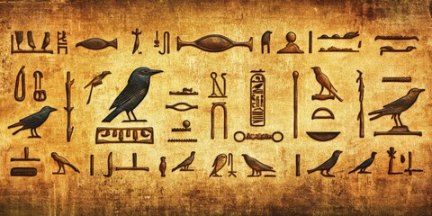 Old Egyptian hieroglyphs symbols on an ancient background. Wide historical background
