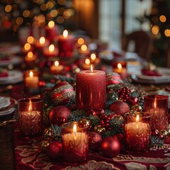 A beautifully decorated Christmas table featuring glowing candles, vibrant ornaments, and festive greenery, perfect for holiday celebrations.