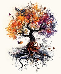 A vibrant tree with colorful leaves and intricate roots, symbolizing nature's beauty.