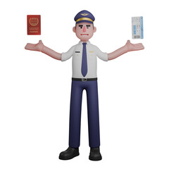 Male Pilot Professionalism in 3D. A pilot is standing with both hands raised upwards with his right hand holding a passport while his left hand is holding a ticket. Aviation Cartoon