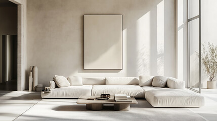 Modern luxury minimal interior of open space with design modular sofa, furniture, wooden coffee tables, pillows, olive plant and blank white painting to place your design on it. Stylish home living.