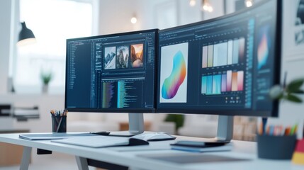 Naklejka premium Modern graphic designer workspace with high-end computer setup