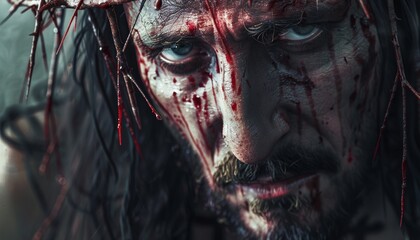 Man Depicting Jesus with Crown of Thorns and Blood-Streaked Face, Somber Expression, Easter and Resurrection Concept, Banner with Copy Space