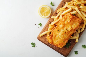 Crispy Fried Fish and Chips on Wooden Board