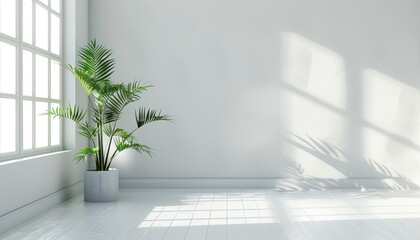 Bright and Spacious Room with White Floors and a Potted Plant by the Window, Banner with Copy Space