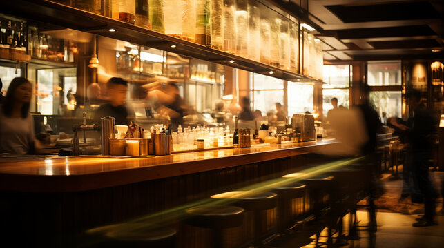 Authentic Izakaya bar with customers in motion of green and yellow brown dynamic light blur vintage style photography