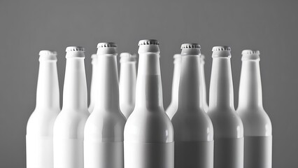 Selective focus of beer bottles with blank white labels isolated on grey