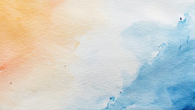 Abstract watercolor background with orange and blue hues blending on white paper.