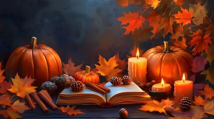 pumpkins and autumn leaves still life