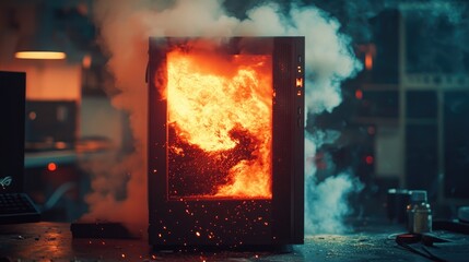 Fototapeta premium A gaming PC tower erupts in flames, thick smoke billowing out as the device is destroyed in an explosive malfunction
