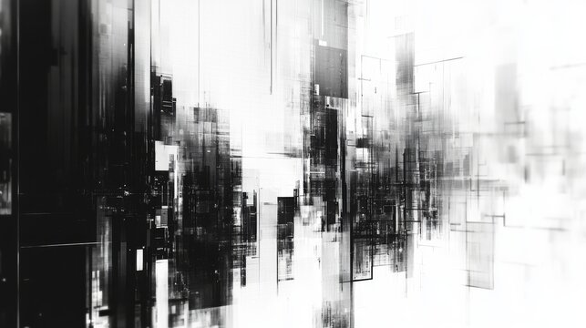 Greyscale code glitch effect on a flat screen, front view