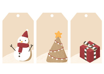 Christmas Gift Tags: A trio of charming Christmas gift tags, featuring a snowman, a decorated Christmas tree, and a wrapped present, ready to add a festive touch to your holiday gifts. 