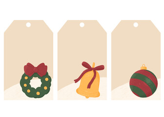 Christmas Gift Tags: Festive and Fun: Three adorable gift tags, perfect for adding a personal touch to your holiday presents. Each tag features a unique Christmas icon: a wreath, a bell, and a bauble,