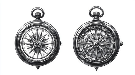 Black and white vector illustrations of antique compasses with ornate dials, perfect for use as design elements in vintage or retro nautical and marine themes.