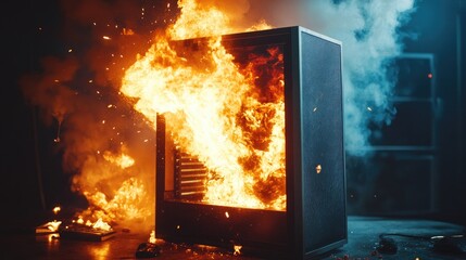 Fototapeta premium A gaming PC tower erupts in flames, thick smoke billowing out as the device is destroyed in an explosive malfunction