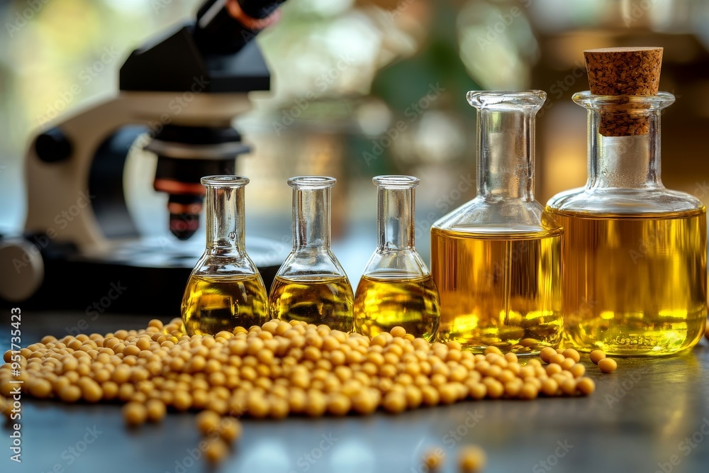 Aufkleber an image of a microscope and petri dishes with soybean samples in a laboratory surrounded by scienti