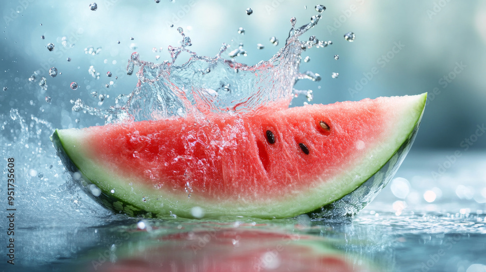 Poster a watermelon slice surrounded by a splash of water, creating a refreshing, liquid effect.