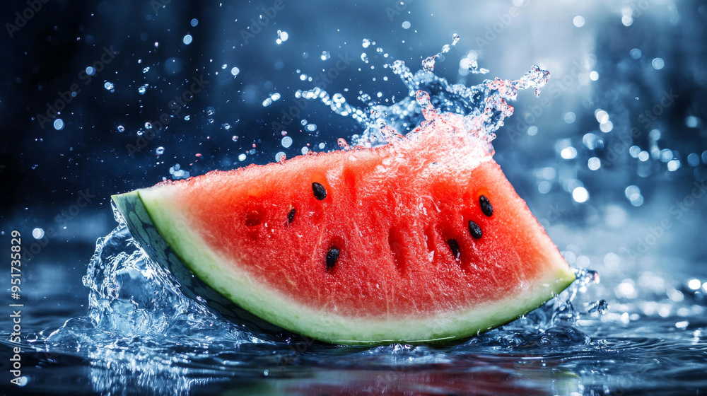 Poster a watermelon slice surrounded by a splash of water, creating a refreshing, liquid effect.