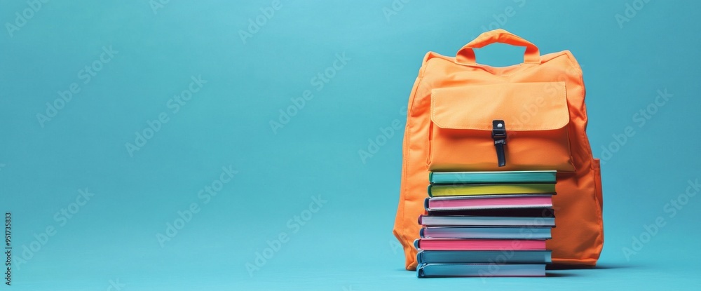 Poster an empty back pack with books, isolated on a blue background with space for a copy. back to school c