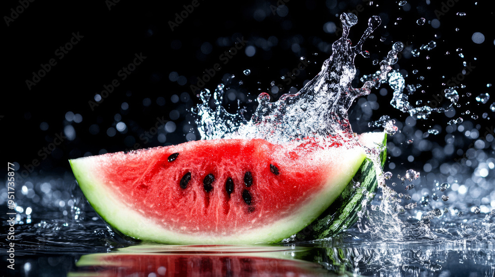 Poster a watermelon slice surrounded by a splash of water, creating a refreshing, liquid effect.