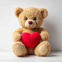 Obraz premium a cute, fluffy teddy bear sitting upright. The teddy bear is light brown in color and has a friendly expression with black eyes and a small brown nose. It is holding a bright red heart in its arms