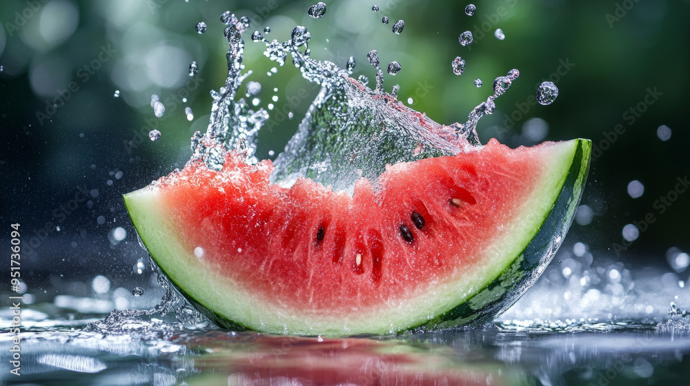 Poster a watermelon slice surrounded by a splash of water, creating a refreshing, liquid effect.